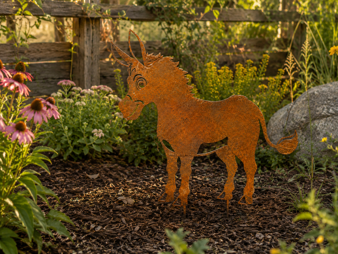 Metall Gartendeko Esel 80 cm – patinierter Stahl mit Corten-Effekt
