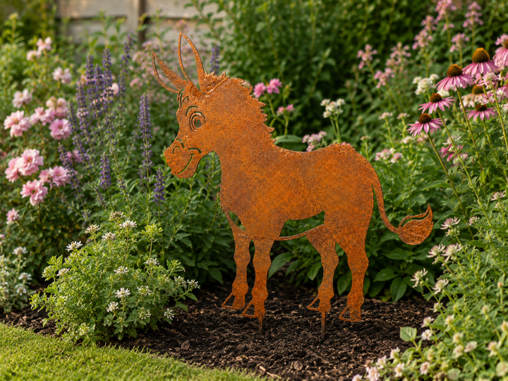 Metall Gartendeko Esel 80 cm – patinierter Stahl mit Corten-Effekt