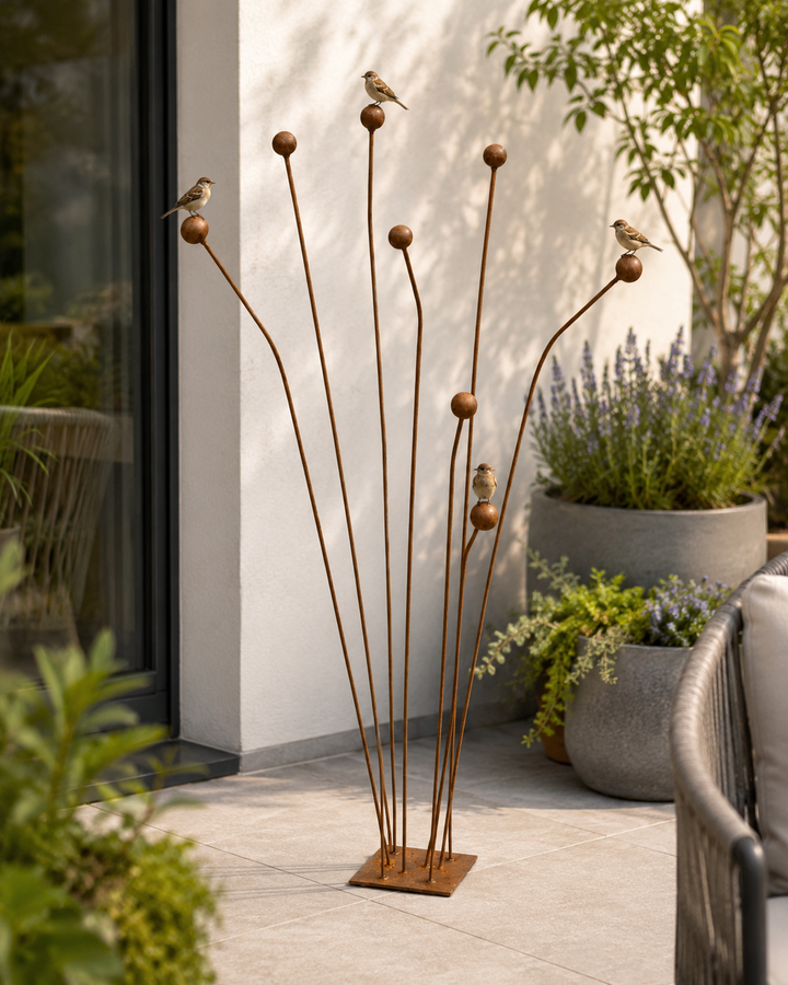 Gartendeko aus Metall mit Kugeln – natürliche Rostpatina