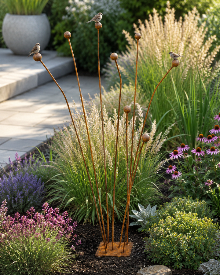 Gartendeko aus Metall mit Kugeln – natürliche Rostpatina