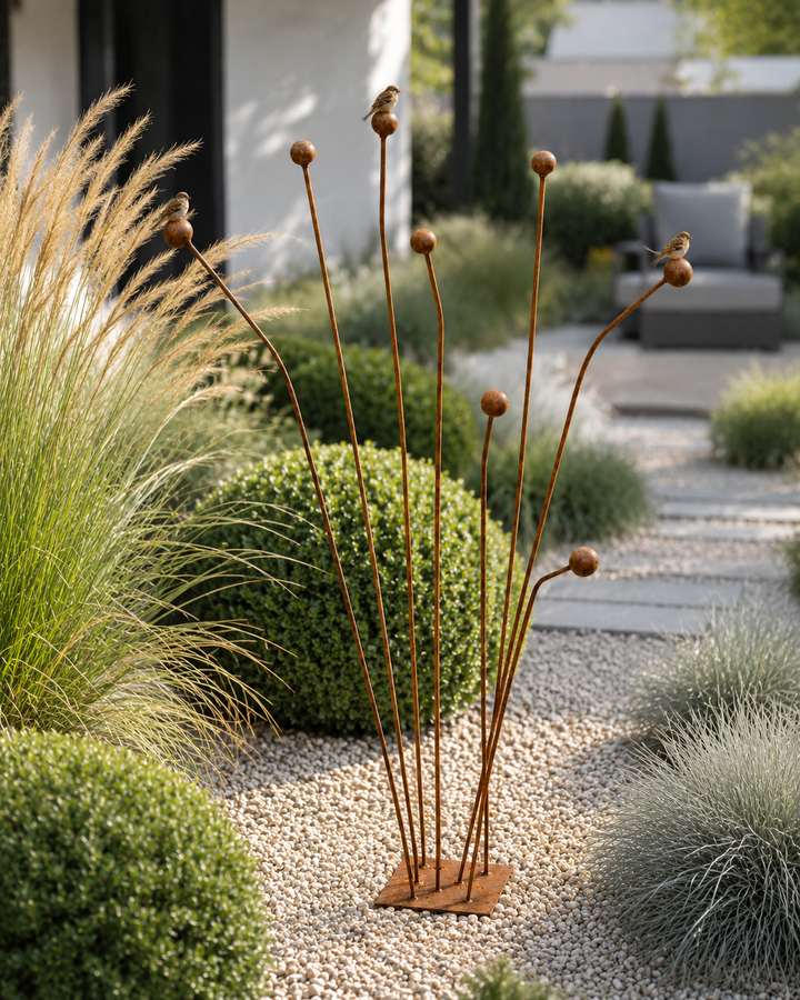 Gartendeko aus Metall mit Kugeln – natürliche Rostpatina