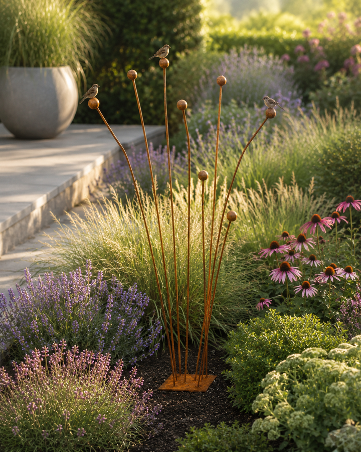 Gartendeko aus Metall mit Kugeln – natürliche Rostpatina