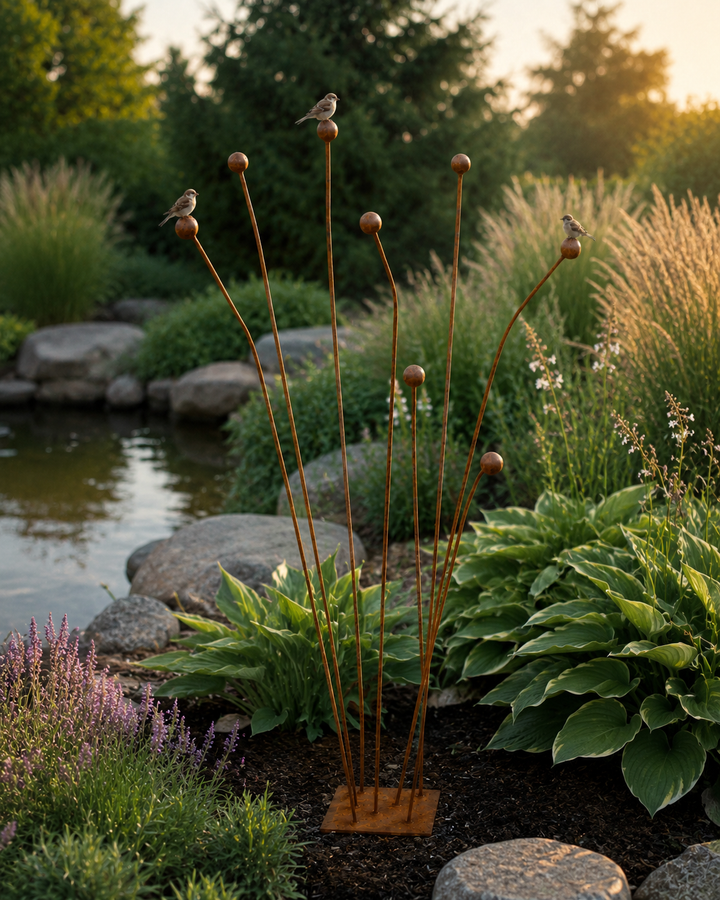 Gartendeko aus Metall mit Kugeln – natürliche Rostpatina