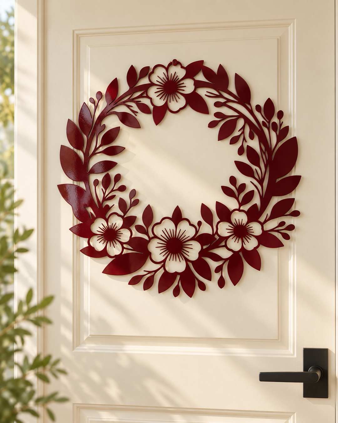 Dekorativer Metallkranz mit Blumen und Blättern – Tür oder Wandschmuck, Ø 44 cm