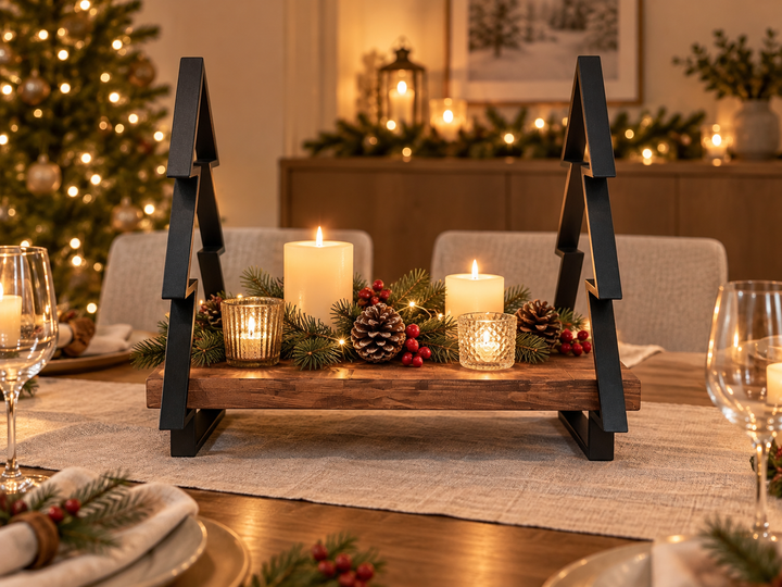 Weihnachts-Dekoständer mit Holzbrett und Metall-Tannenbäumen – Schwarz