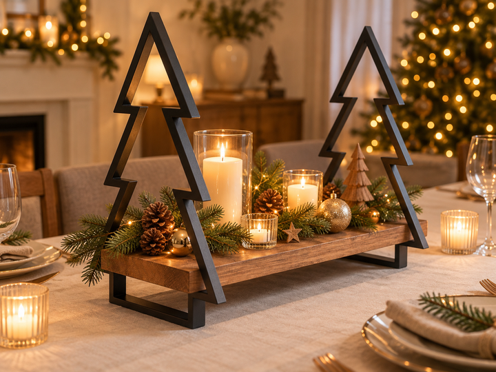 Weihnachts-Dekoständer mit Holzbrett und Metall-Tannenbäumen – Schwarz