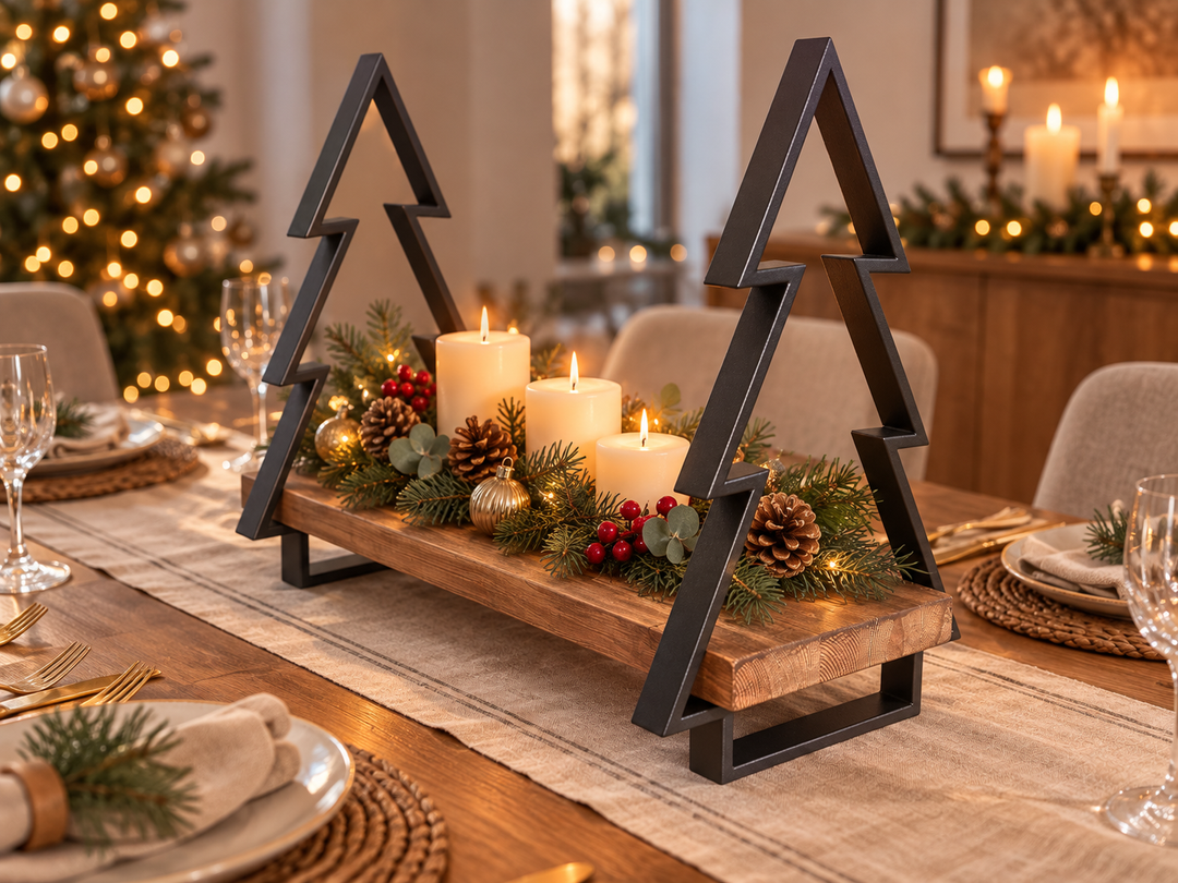 Weihnachts-Dekoständer mit Holzbrett und Metall-Tannenbäumen – Schwarz