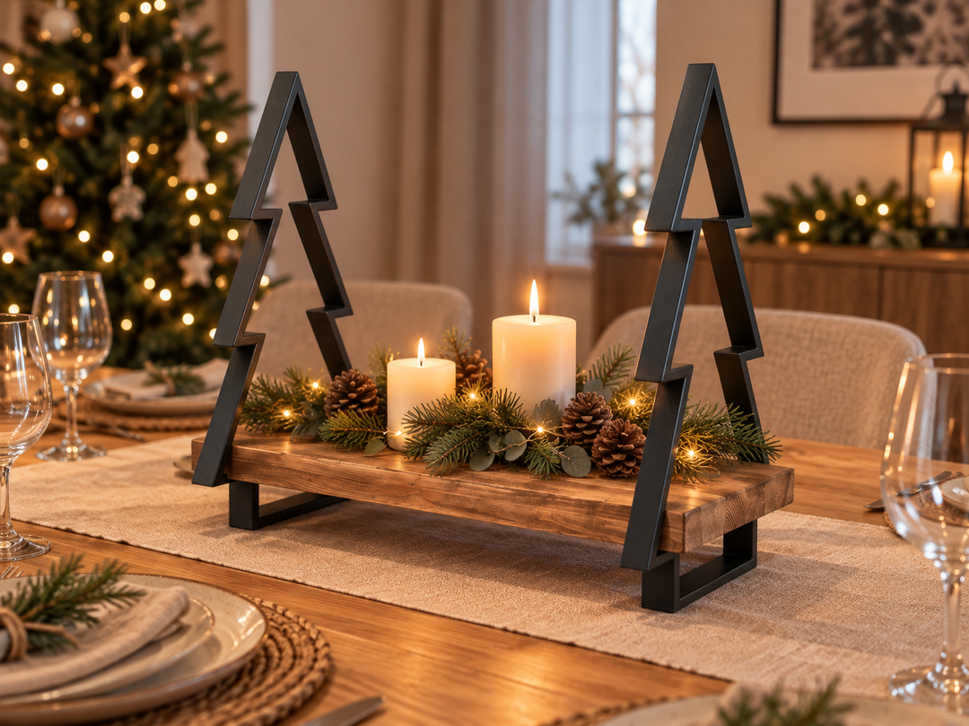 Weihnachts-Dekoständer mit Holzbrett und Metall-Tannenbäumen – Schwarz