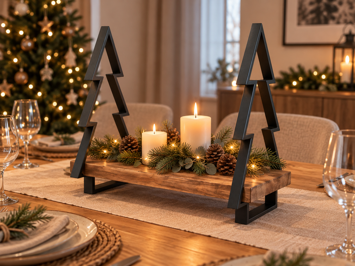 Weihnachts-Dekoständer mit Holzbrett und Metall-Tannenbäumen – Schwarz