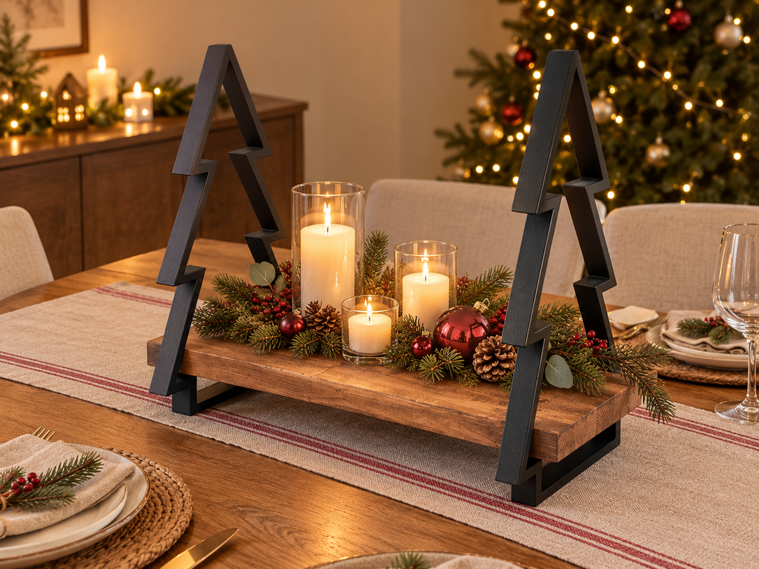 Weihnachts-Dekoständer mit Holzbrett und Metall-Tannenbäumen – Schwarz