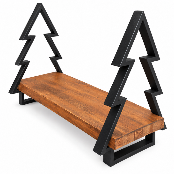 Weihnachts-Dekoständer mit Holzbrett und Metall-Tannenbäumen – Schwarz