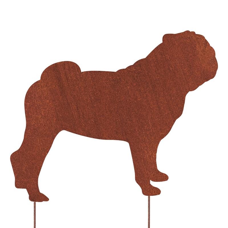 Mops Metallfigur Gartenfigur – Hundesilhouette aus Metall in Rostoptik