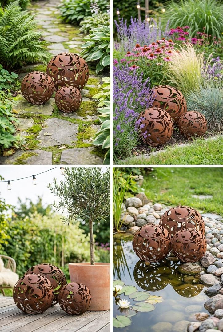 Gartenkugel "Florales Ornament" – Rost-Deko aus Stahl mit Blattmuster