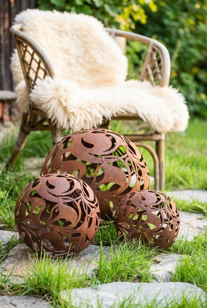 Gartenkugel "Florales Ornament" – Rost-Deko aus Stahl mit Blattmuster