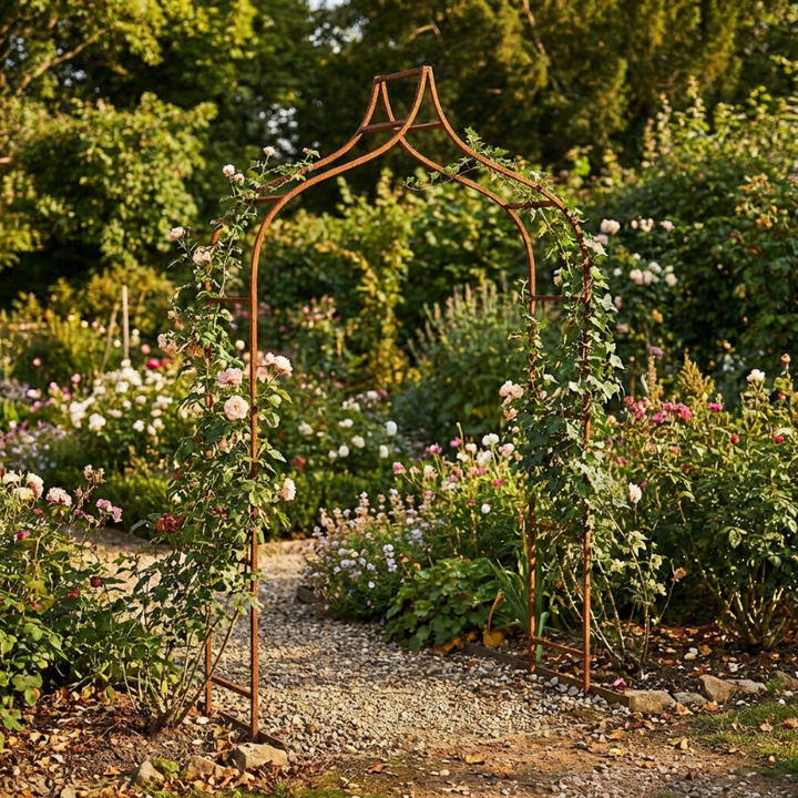 Eleganter Gartenbogen in natürlicher Rostoptik für strukturierte, blühende...