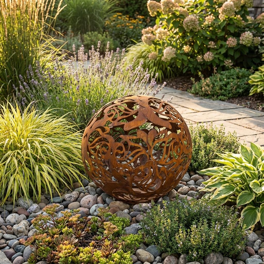 Gartenkugel "Rosenranke" – Rost-Deko aus Stahl mit Rosen-Ornament