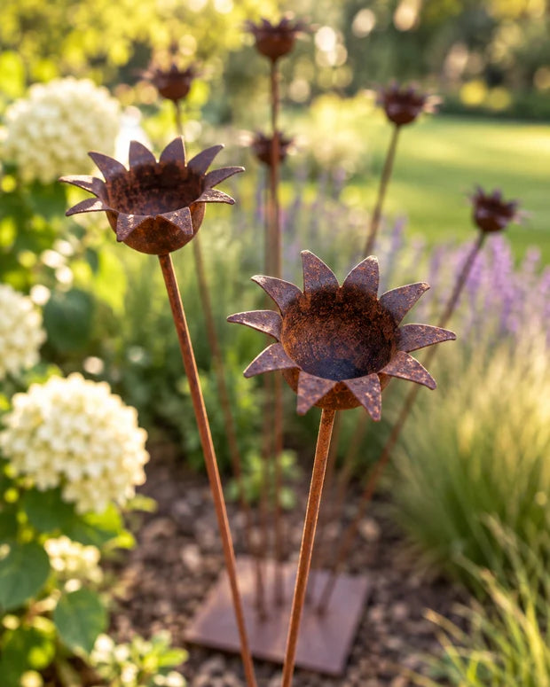 Gartendekoration aus Metall mit Mohnblumen – natürliche Rostpatina