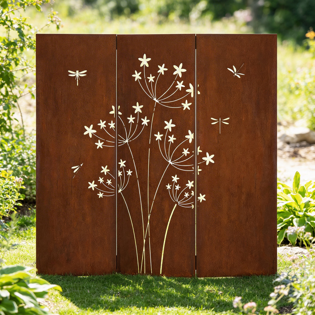 3er-Set Sichtschutz Gartenpaneel Metall – Motiv Pusteblume, 160 × 50 cm