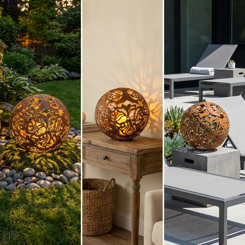 Gartenkugel "Rosenranke" – Rost-Deko aus Stahl mit Rosen-Ornament