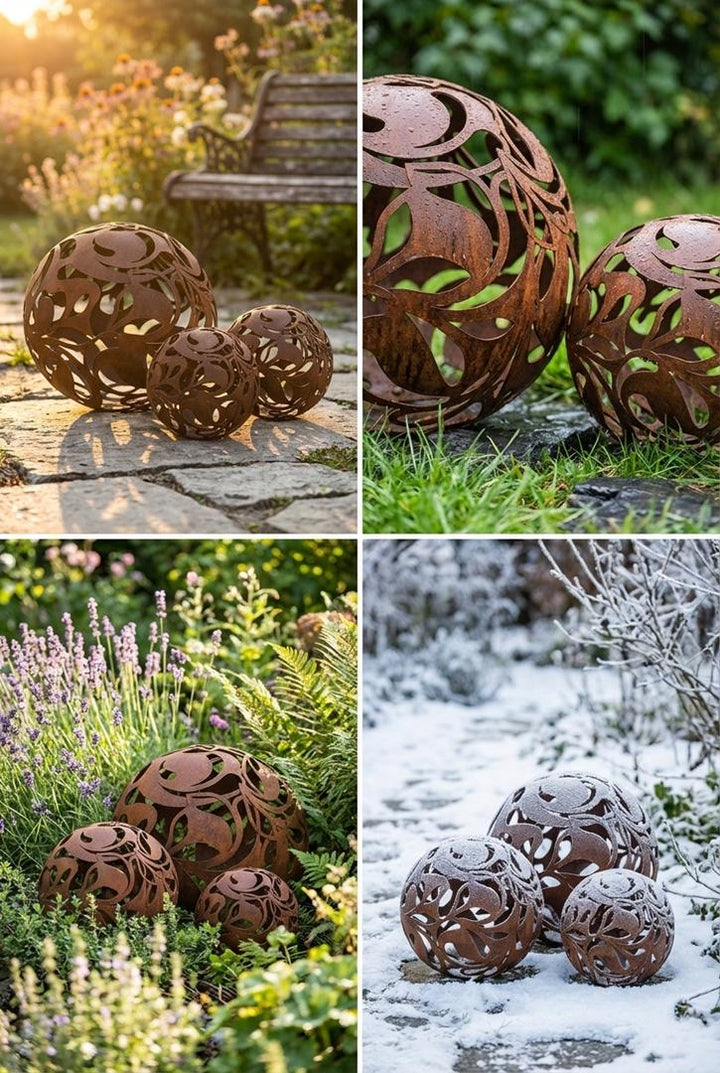 Gartenkugel "Florales Ornament" – Rost-Deko aus Stahl mit Blattmuster