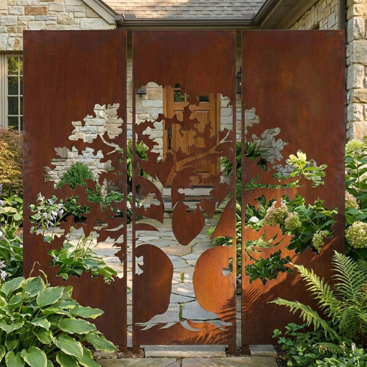 3er-Set Sichtschutz Gartenpaneel Metall – Motiv Baum, 160 × 50 cm