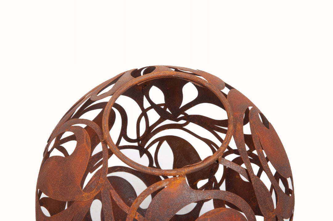Gartenkugel "Florales Ornament" – Rost-Deko aus Stahl mit Blattmuster
