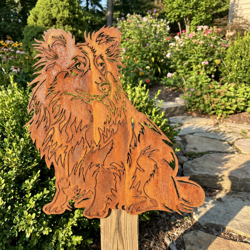 Edelrost Gartenstecker Shetland Sheepdog – Hundesilhouette aus Metall, 37 cm