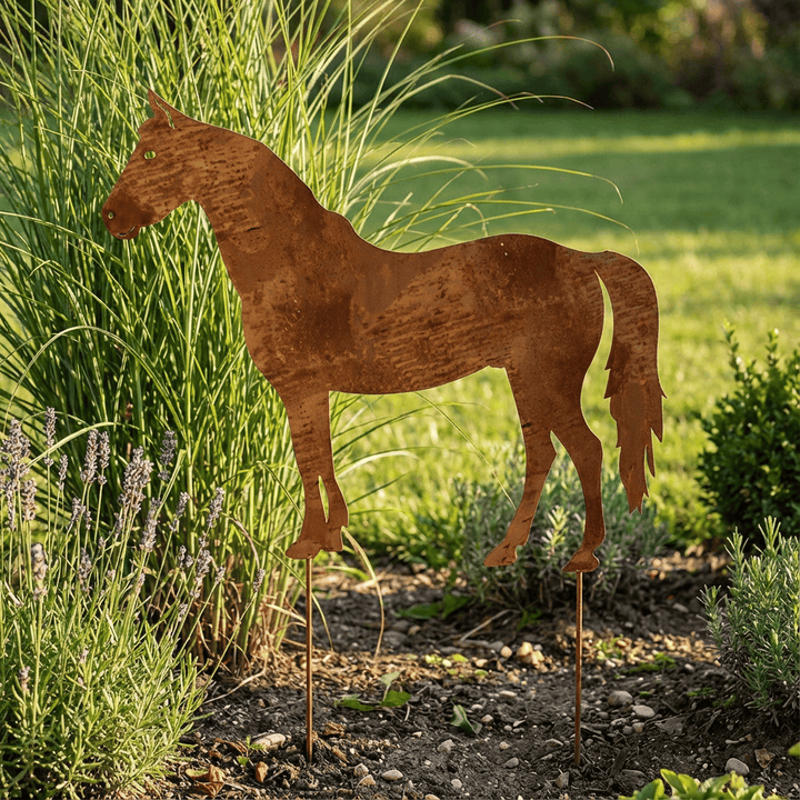 Großer Pferd Gartenstecker – Metallfigur in Rostoptik