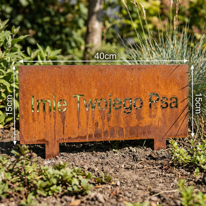 Personalisierter Gartenstecker mit Tiername – Metallschild in Rostoptik