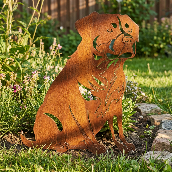 Edelrost Gartenstecker Rottweiler – Hundesilhouette aus Metall, 36 cm