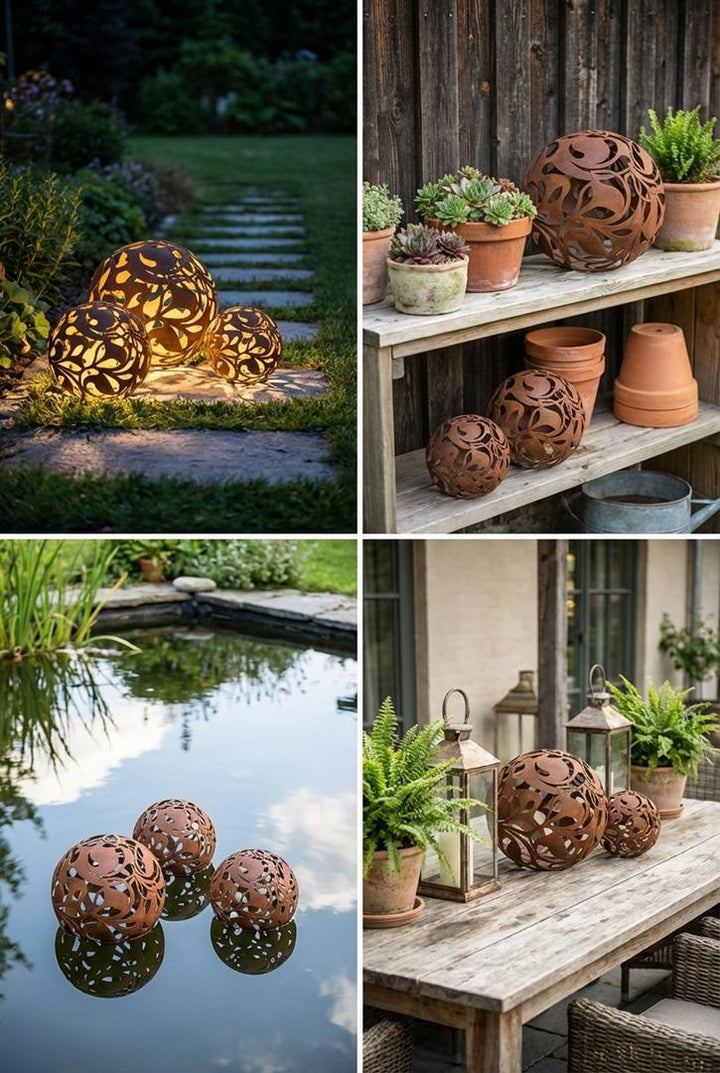 Gartenkugel "Florales Ornament" – Rost-Deko aus Stahl mit Blattmuster