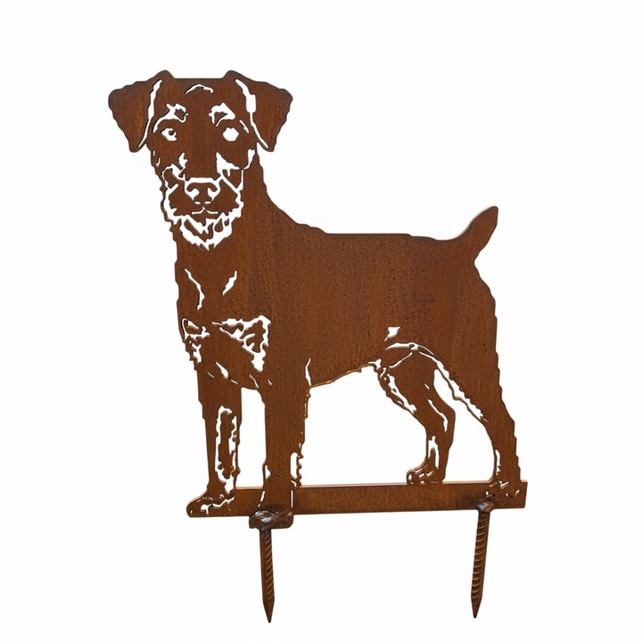 Edelrost Gartenstecker Deutscher Jagdterrier – Hundesilhouette aus Metall, 31 cm