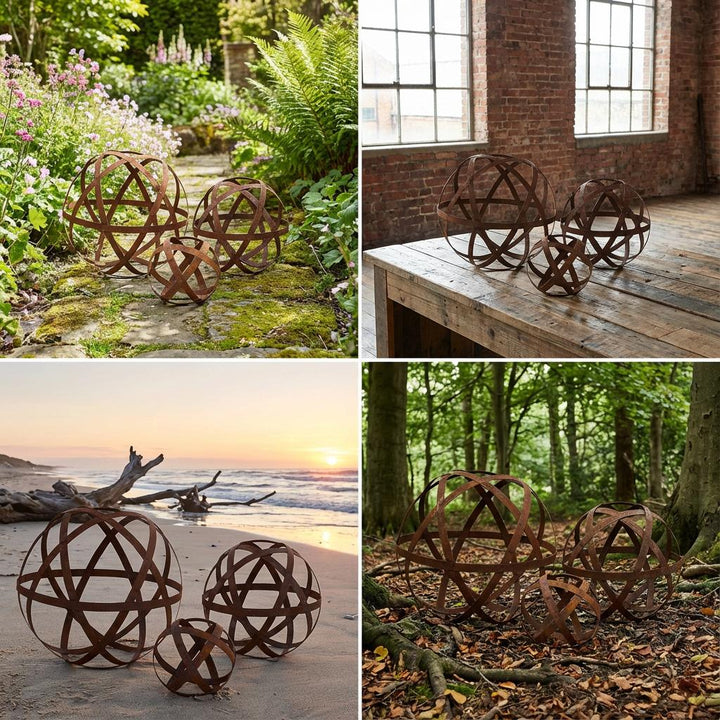 Gartenkugel "Bänder" – Rustikale Rost-Deko aus geflochtenen Metallbändern