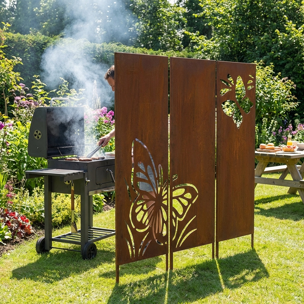 3er-Set Sichtschutz Gartenpaneel Metall – Motiv Schmetterlinge, 160 × 50 cm