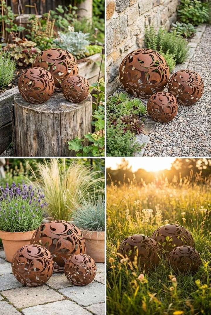 Gartenkugel "Florales Ornament" – Rost-Deko aus Stahl mit Blattmuster