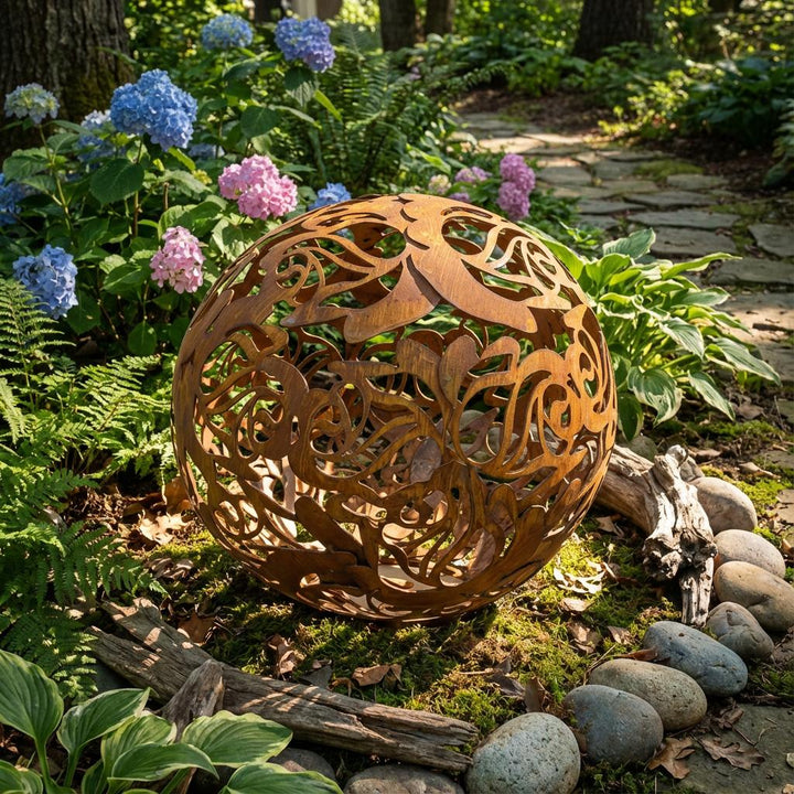 Gartenkugel "Rosenranke" – Rost-Deko aus Stahl mit Rosen-Ornament