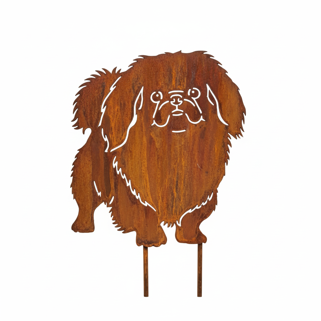 Edelrost Gartenstecker Pekingese – Hundesilhouette aus Metall, 28 cm