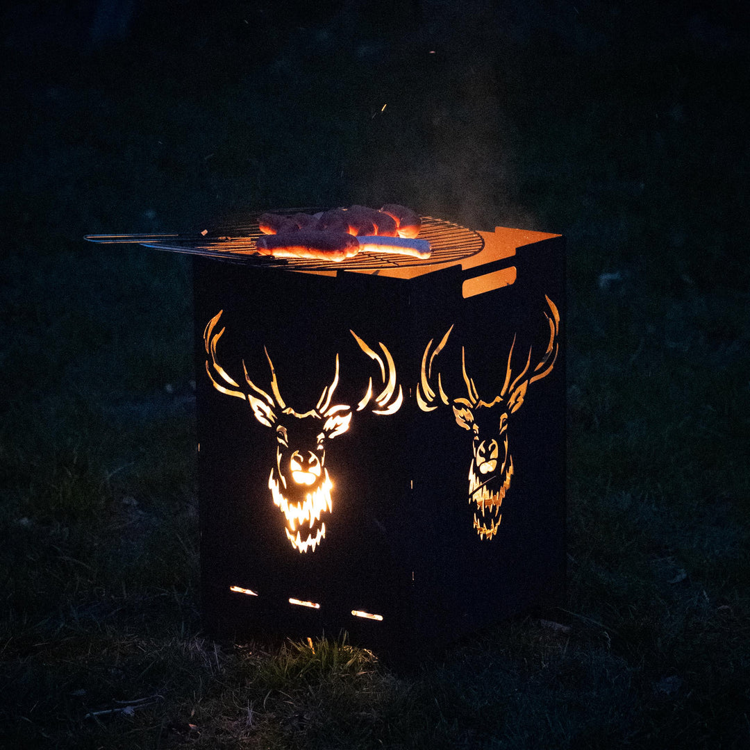 Feuerstelle aus Metall in Rostoptik mit Hirschmotiv, 2mm