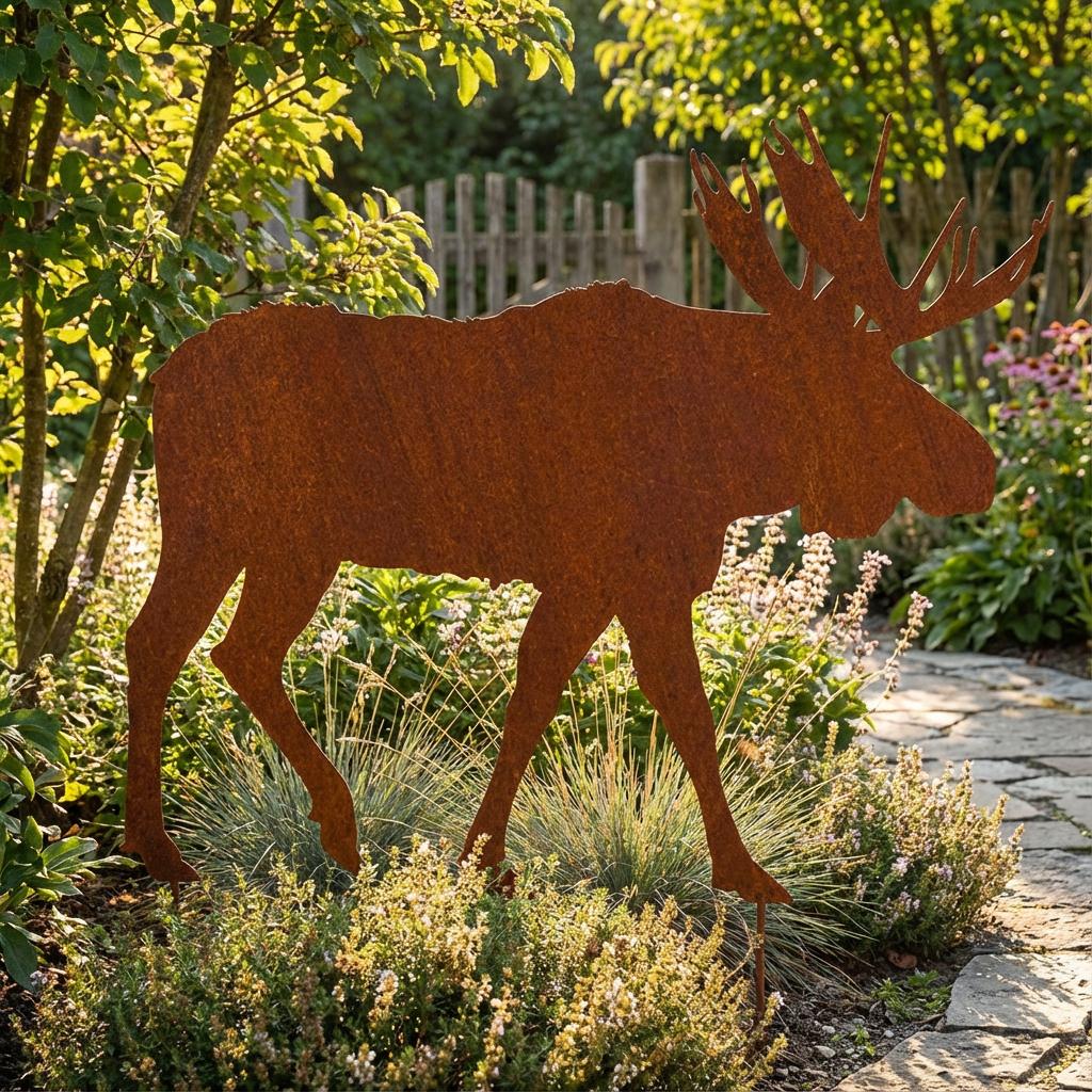 Gartenstecker Elch aus Metall – dekorative Gartenfigur in natürlicher Rostoptik