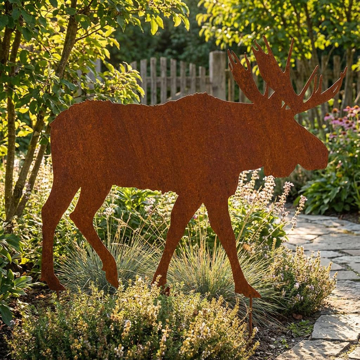 Gartenstecker Elch aus Metall – dekorative Gartenfigur in natürlicher Rostoptik
