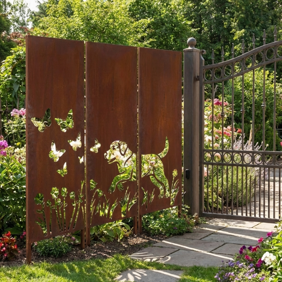 3er-Set Sichtschutz Gartenpaneel Metall – Motiv Hund, 160 × 50 cm