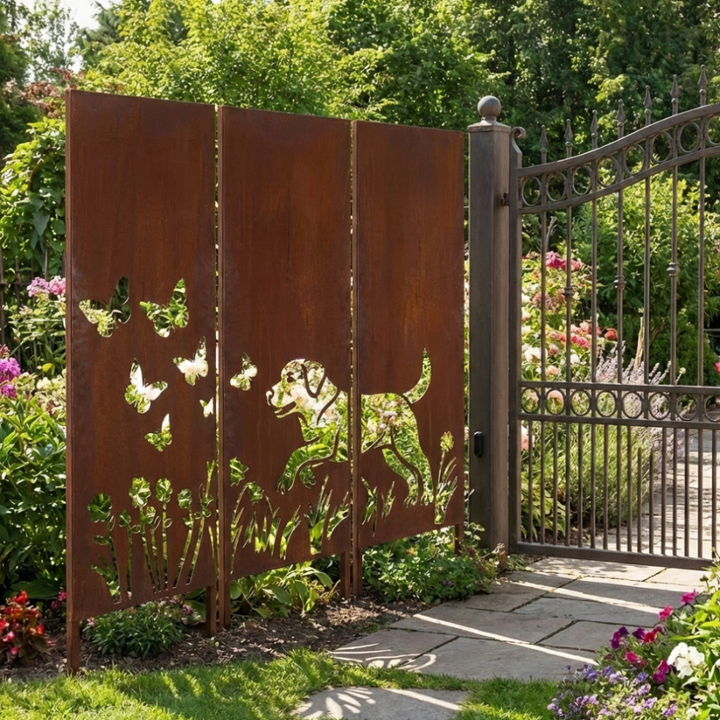 3er-Set Sichtschutz Gartenpaneel Metall – Motiv Hund, 160 × 50 cm