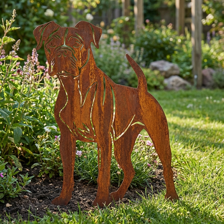Edelrost Gartenstecker Boxer – Hundesilhouette aus Metall