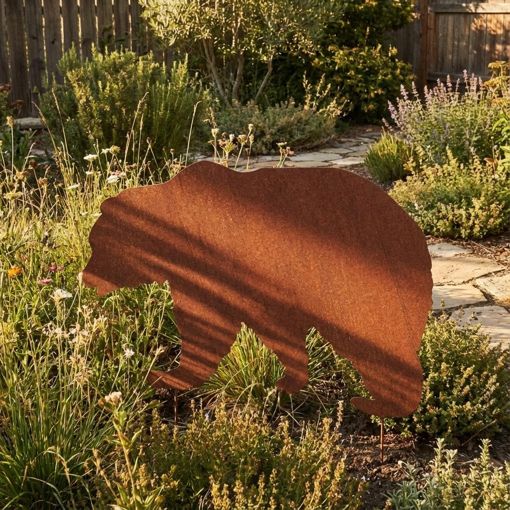 Gartenstecker Bär aus Metall – dekorative Gartenfigur in natürlicher Rostoptik
