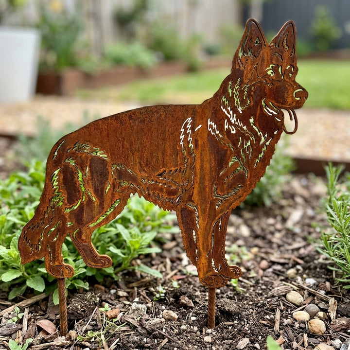 Edelrost Gartenstecker Altdeutscher Schäferhund – Hundesilhouette aus Metall, 48 cm