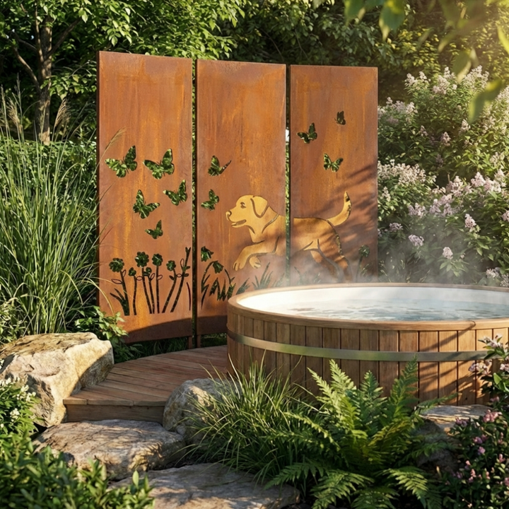 3er-Set Sichtschutz Gartenpaneel Metall – Motiv Hund, 160 × 50 cm