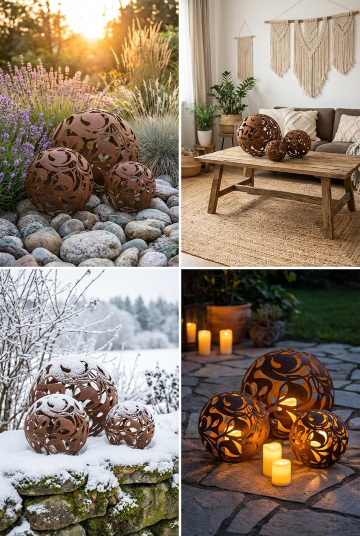 Gartenkugel "Florales Ornament" – Rost-Deko aus Stahl mit Blattmuster