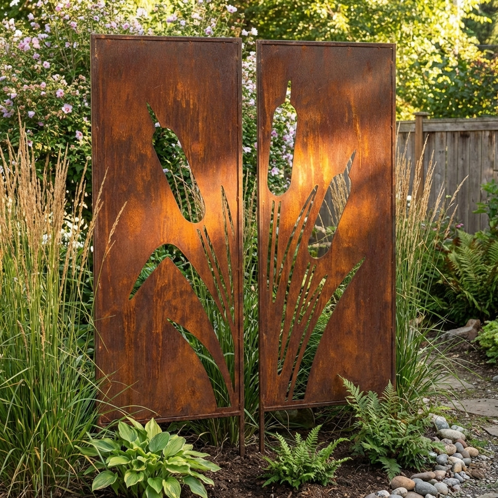 2er-Set Sichtschutz Gartenpaneel Metall – Motiv Schilfgras, 160 × 50 cm