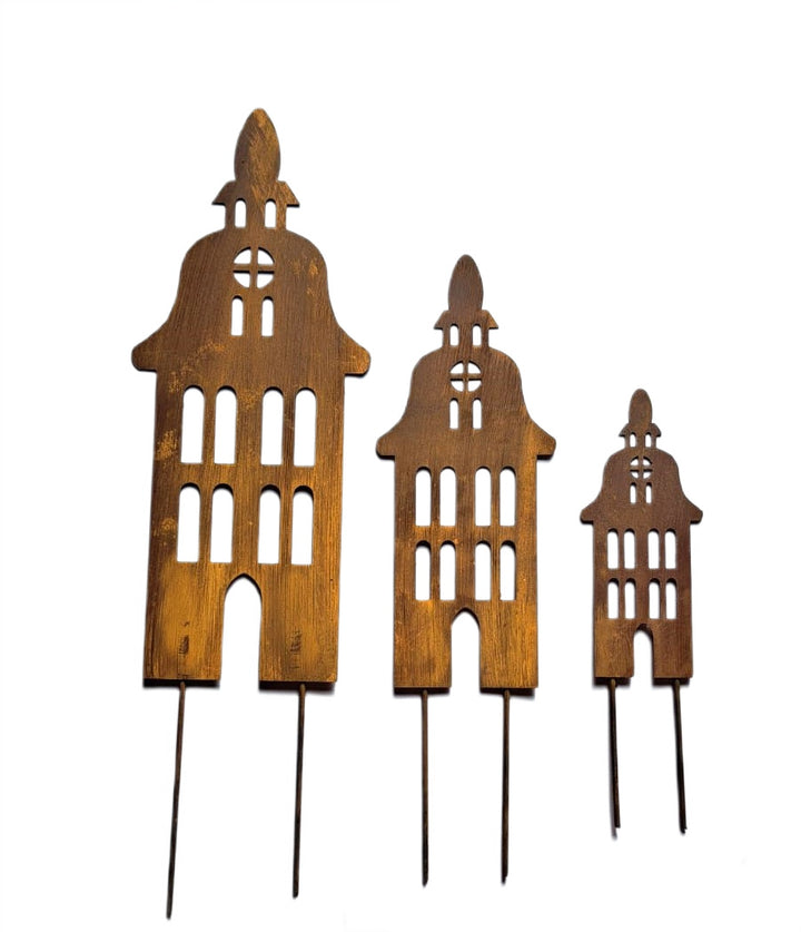 Set of Rusty Metal Garden Stakes - Houses