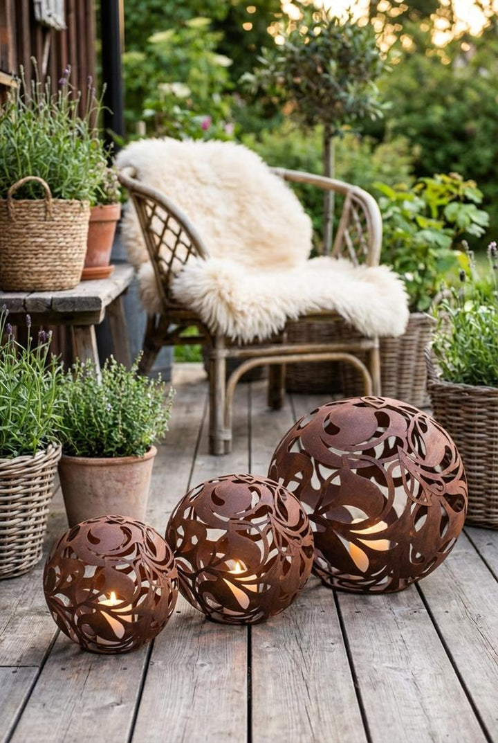 Gartenkugel "Florales Ornament" – Rost-Deko aus Stahl mit Blattmuster